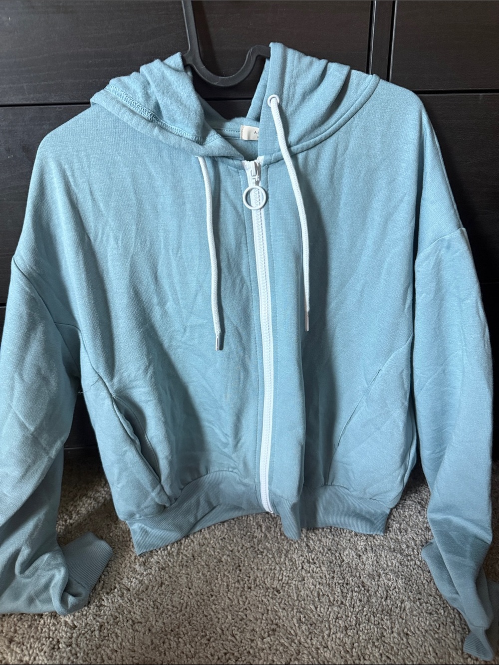 Light Blue Zip-Up Hoodie with Hood and Drawstrings